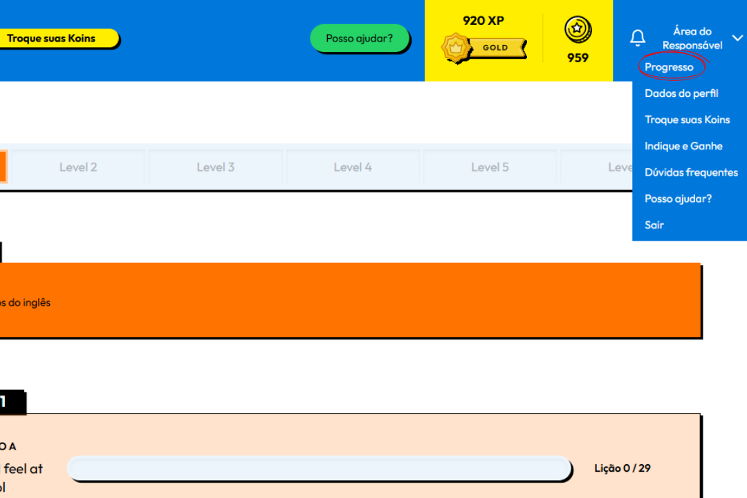Acesse ao portal do aluno e clique em "Área do Responsável". Em seguida, clique na opção "Progresso".