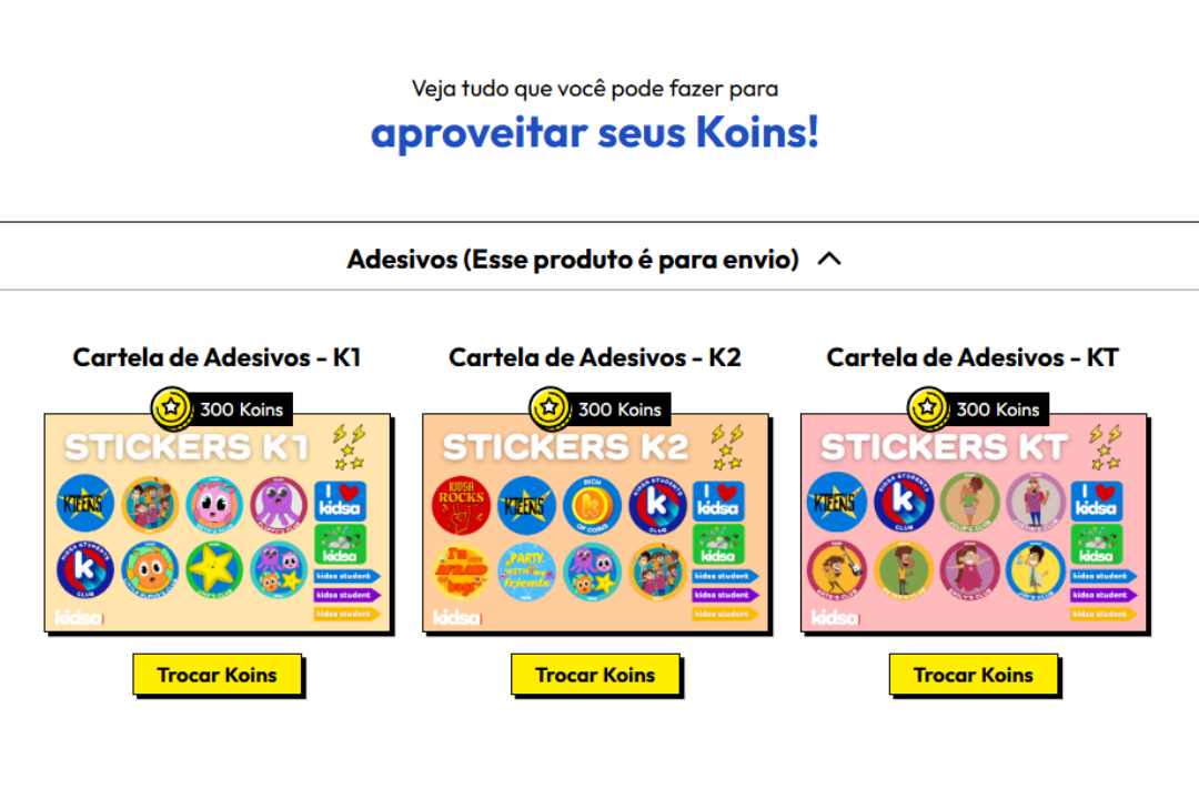 Exemplo de prêmios disponíveis no portal. Foto/ Reprodução Plataforma do Kidsa