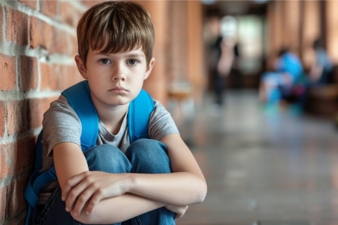Criança triste em um canto dentro da escola. Bullying | O que é e como lidar quando seu filho está passando por isso? Foto/Reprodução: Freepik.