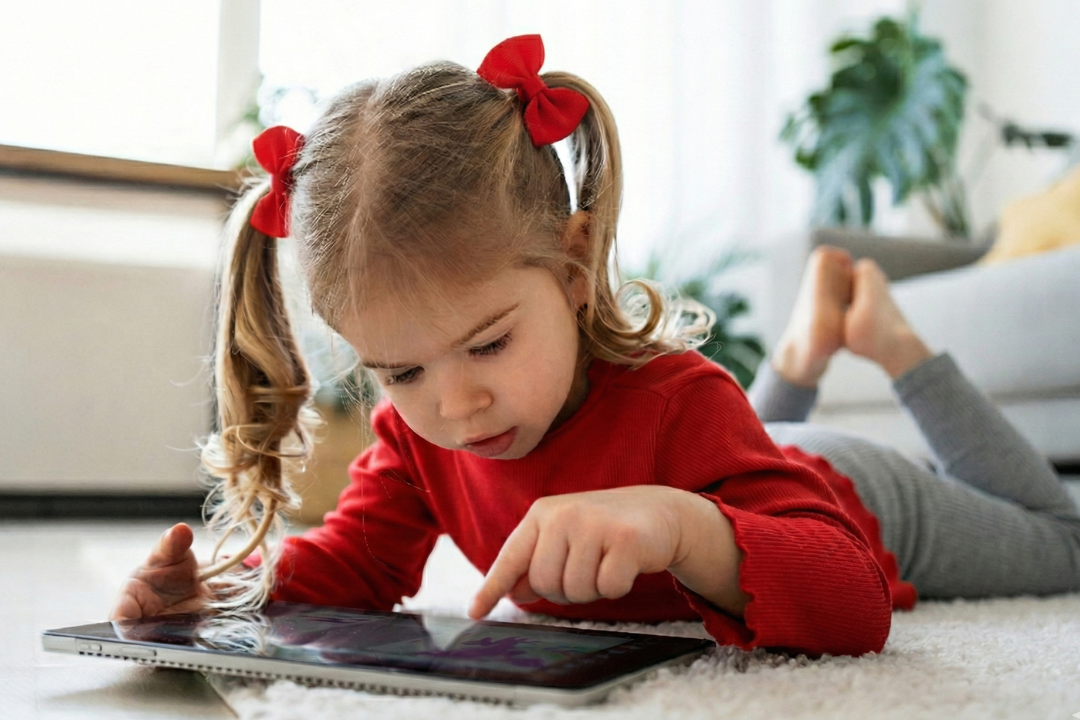 Menina utilizando aplicativo. TV Meu Primeiro Inglês: Como funciona? Foto/Reprodução: Freepik.