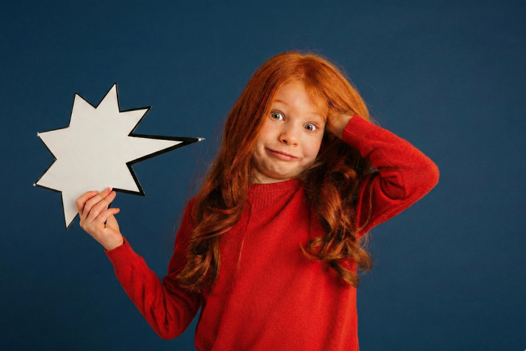 Menina pensativa segurando balão representando a fala. Como o inglês desenvolve a Inteligência Emocional nas crianças? Foto/Reprodução: Freepik.