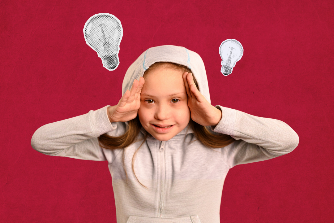 Menina com a mão na cabeça indicando ideias. Os segredos da mente infantil: por que a infância é a fase ideal para aprender inglês? Foto/Reprodução: Freepik.