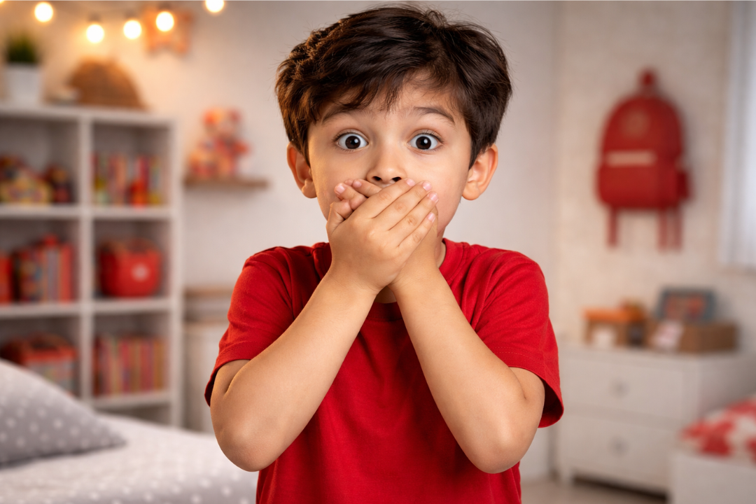 Menino tampando a boca com a mão. Meu filho entende inglês, mas não fala: isso é normal? Foto/Reprodução: Chat GPT