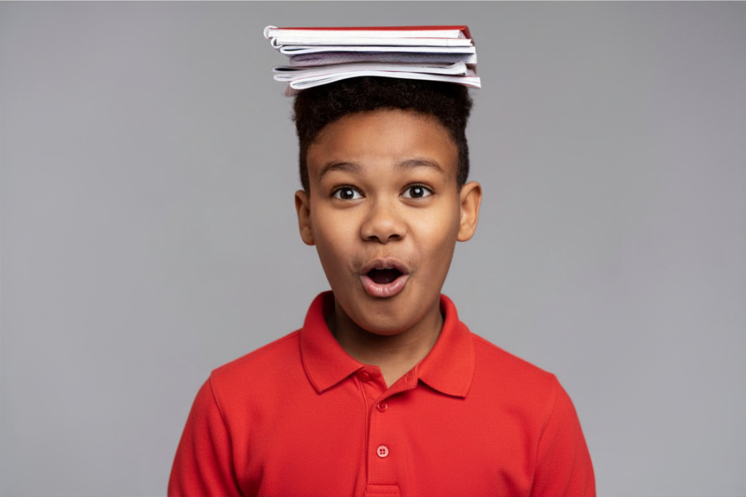 Menino em fundo neutro com livros na cabeça. Quanto tempo uma criança leva para aprender inglês? Entenda o processo real. Foto/Reprodução: Freepik.