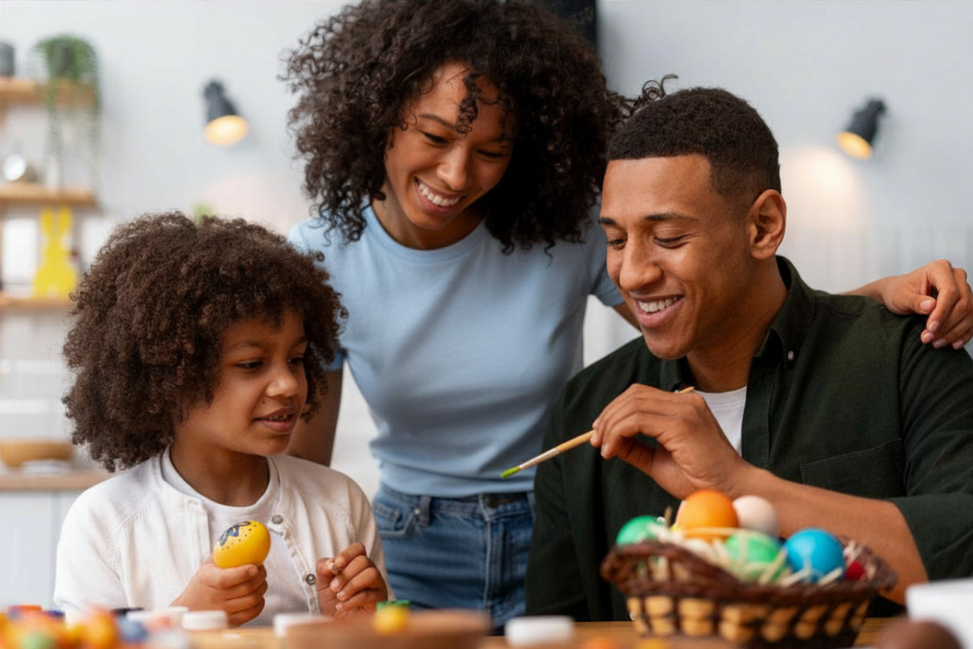 Família feliz na páscoa. Brincadeiras em inglês para fazer na Páscoa: aprenda brincando com as crianças. Foto/Reprodução: Freepik.