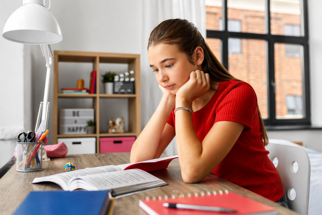 Adolescente entediada lendo um livro em seu quarto. Adolescente não gosta de inglês: o que fazer na prática? Foto/Reprodução: Freepik. 