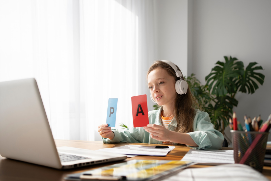 Menina tendo aulas de inglês online enquanto segura dois cartões contendo letras. Como a exposição ao inglês contribui para a aprendizagem? Foto/Reprodução: Freepik.