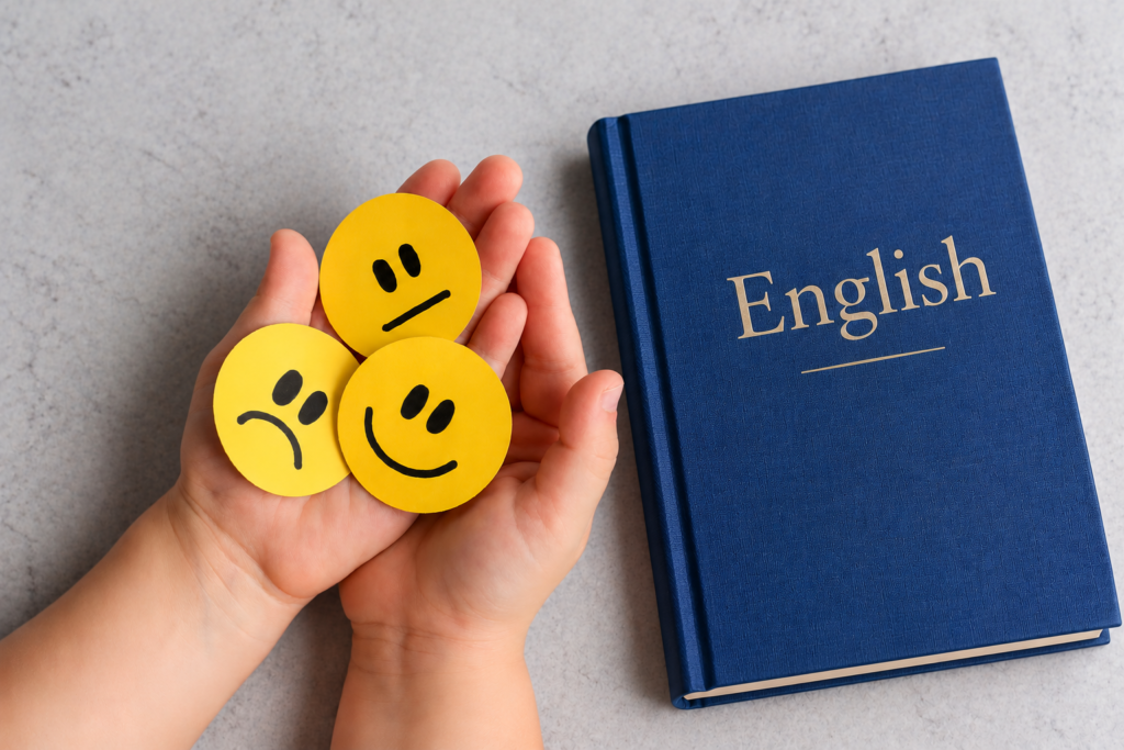 Mão segurando carinhas representando as emoções ao lado de um livro de Inglês. Como as emoções influenciam o aprendizado de inglês? Foto/Reprodução: Freepik e ChatGpt.