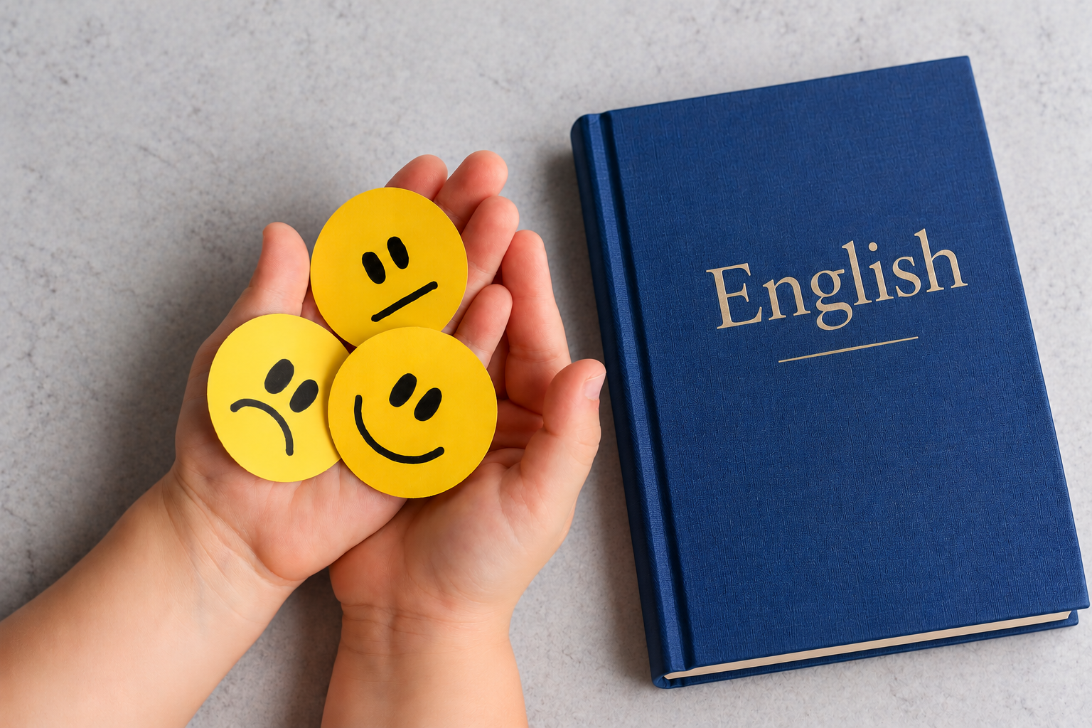 Mão segurando carinhas representando as emoções ao lado de um livro de Inglês. Como as emoções influenciam o aprendizado de inglês? Foto/Reprodução: Freepik e ChatGpt.