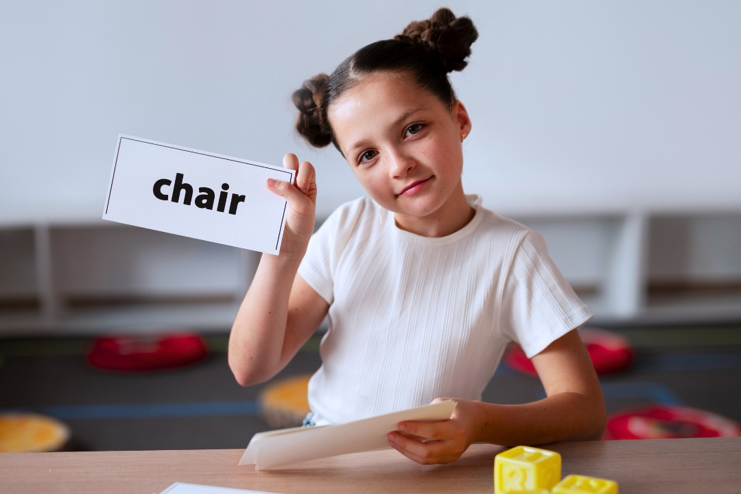 Menina egurando papel com palavra em inglês. Crianças bilíngues confundem os idiomas? Foto/Reprodução: Freepik.