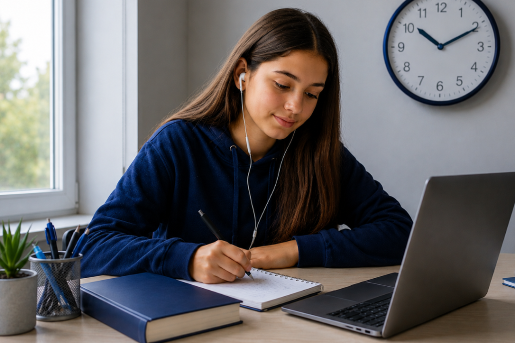 Menina adolescente estudando com um relógio ao fundo indicando tempo. Entenda o que influencia o tempo de aprendizado em inglês! Foto/Reprodução: Chat GPT.