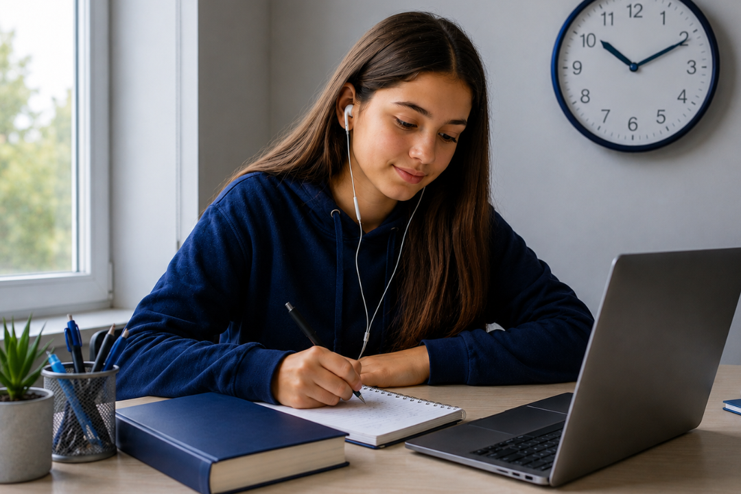 Menina adolescente estudando com um relógio ao fundo indicando tempo. Entenda o que influencia o tempo de aprendizado em inglês! Foto/Reprodução: Chat GPT.