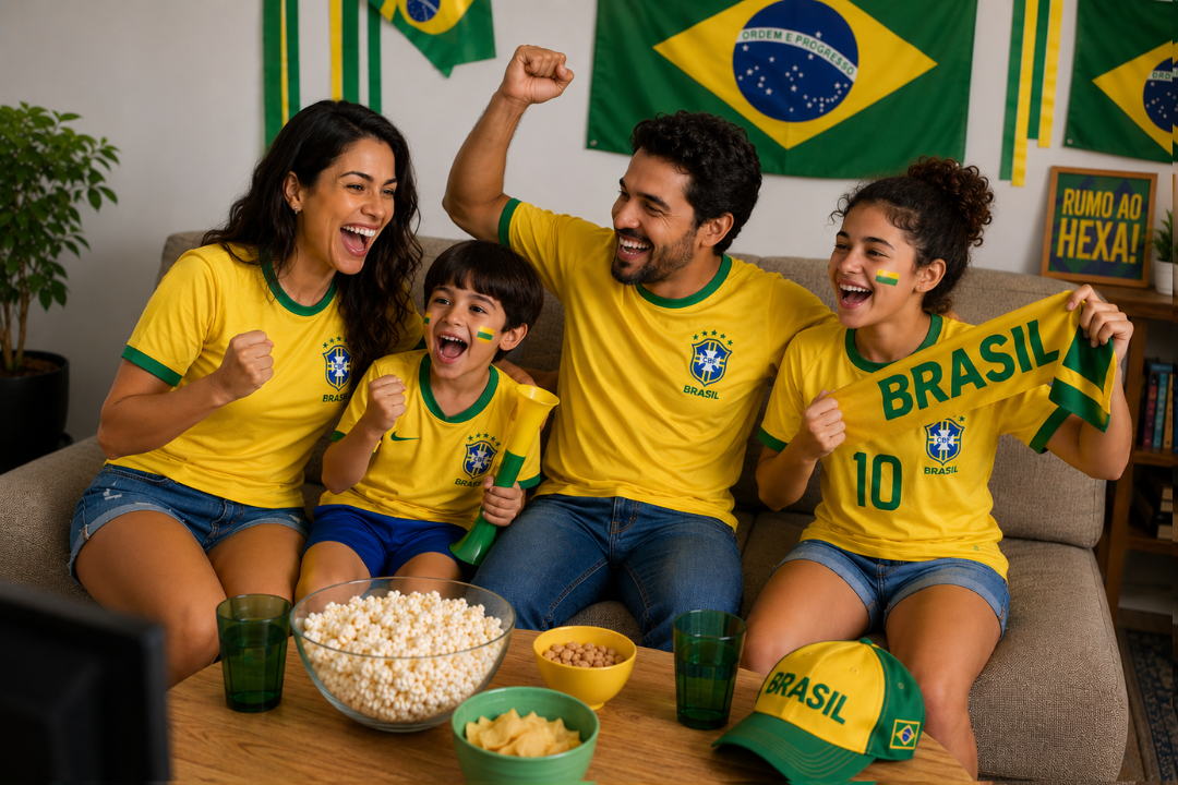 Família reunida torcendo pelo Brasil. 20 palavras da Copa do Mundo em inglês para ensinar às crianças. Foto/Reprodução: Chat GPT.