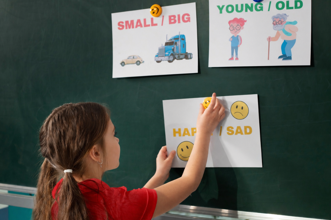 Menina em ambiente escolar colando no quadro palavras em inglês. Como estimular seu filho a falar inglês desde cedo? Foto/Reprodução: Freepik.